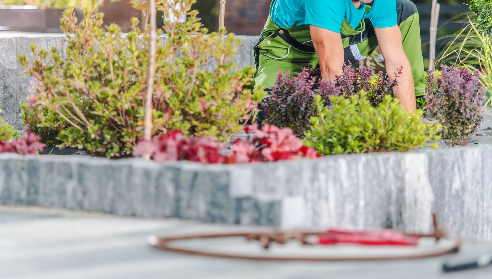 Gardener in teal uniform tending colorful flowers in a raised urban planter