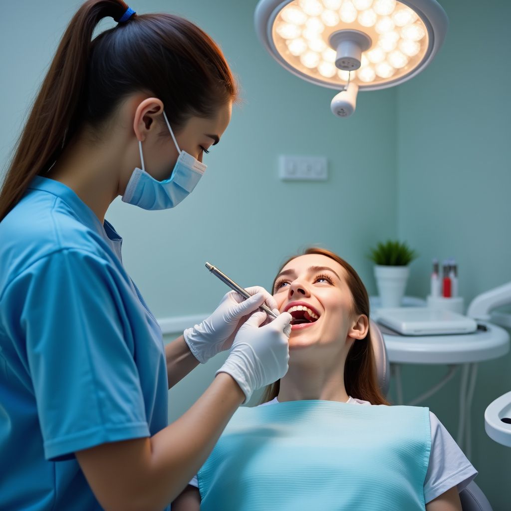 Dentist examining a patient's teeth in a light-filled clinic. The patient is smiling, and the dentist wears a mask and gloves.