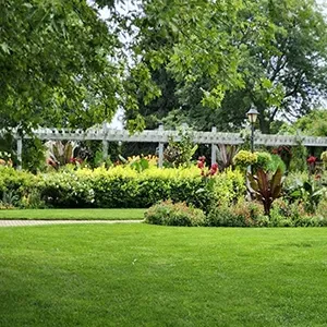 Lush green park lawn with colorful shrubs, white trellis, and large trees in the background