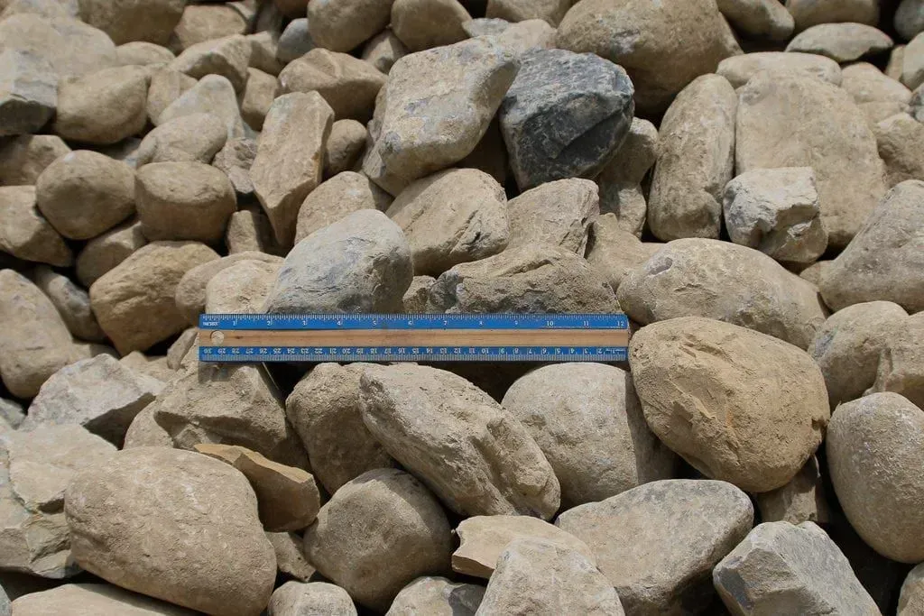 Blue ruler lying on tan rocks and gravel