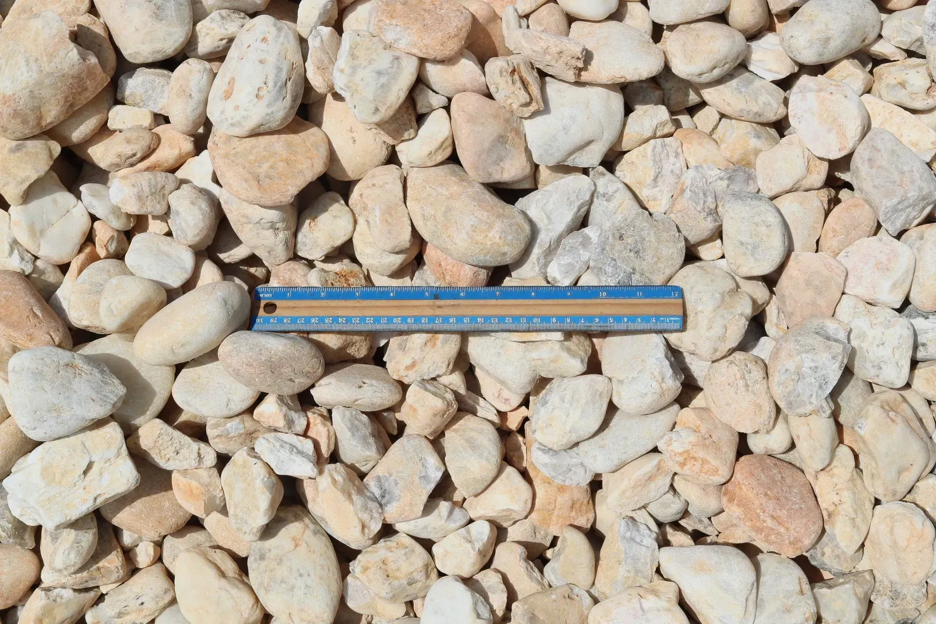 Blue ruler lying on small beige pebbles.