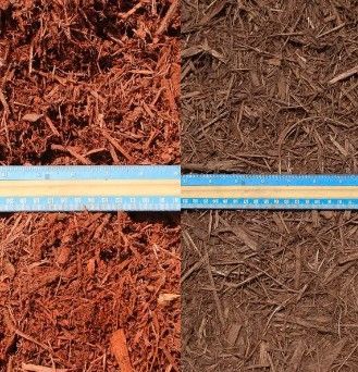 Close-up of four mulch samples with a measuring ruler, showing reddish and brown textures.