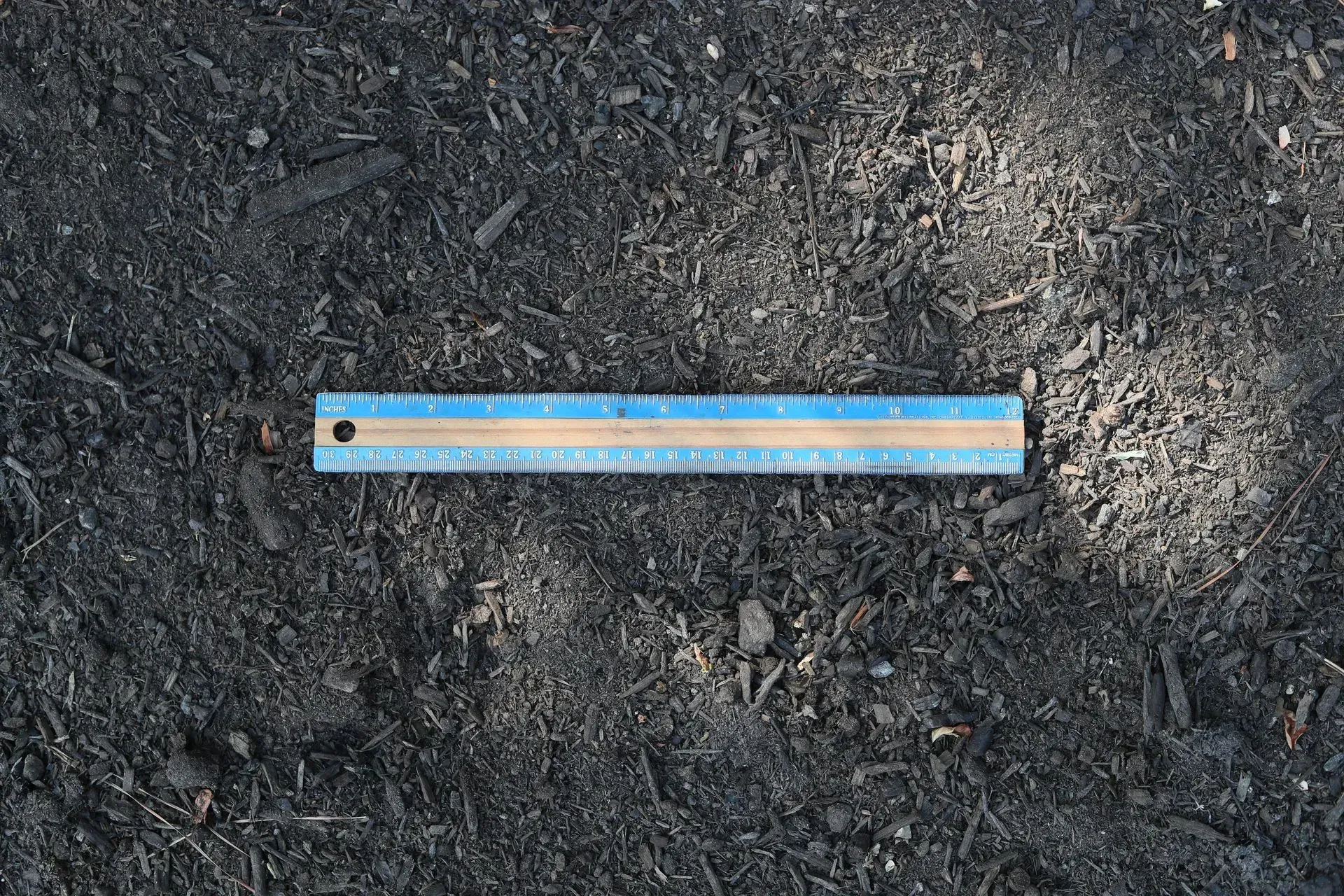 Blue ruler lying on dark gravel beside a white-speckled patch of ground