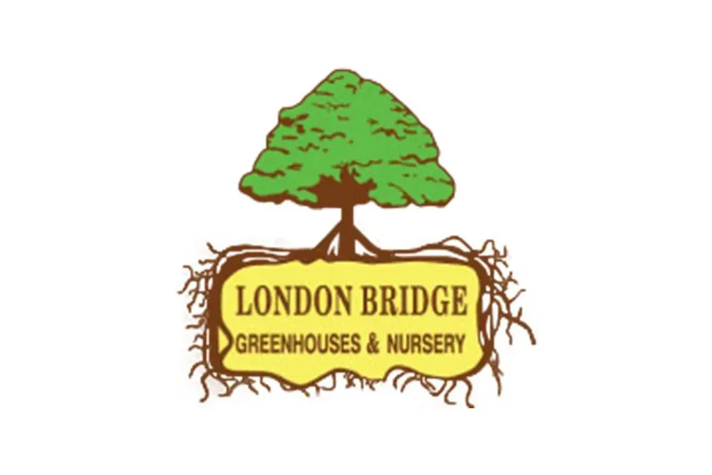 London Bridge Greenhouses & Nursery logo with a green tree and roots over brown text on white background