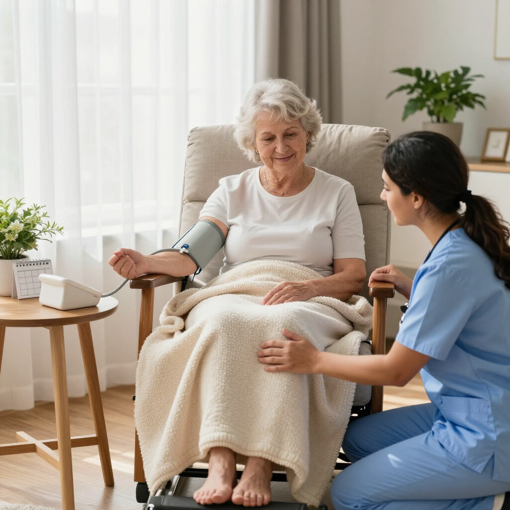 Nurse checking an elderly patient’s blood pressure in a bright living room