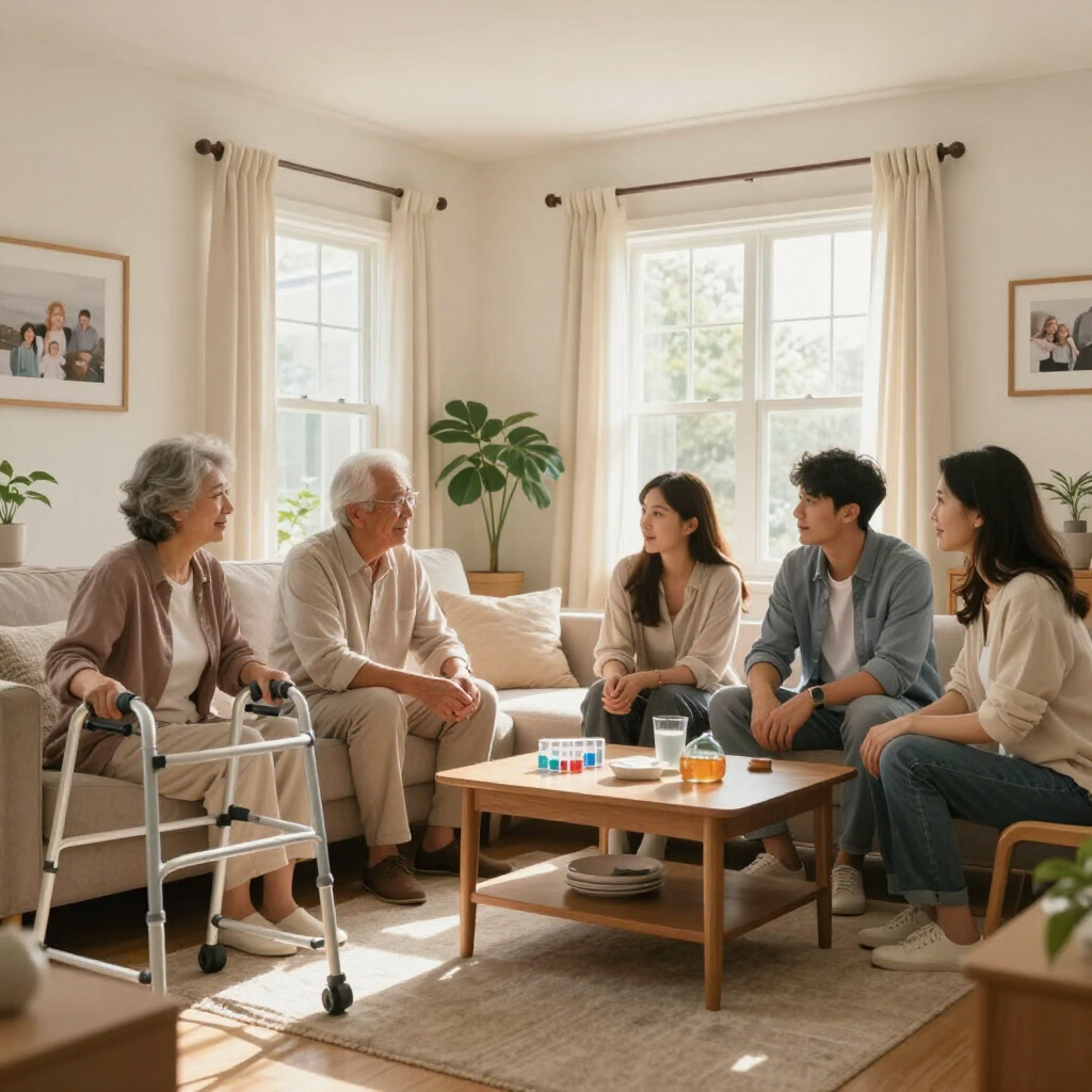 Small group chatting in a bright living room around a coffee table, with a walker and cane nearby.