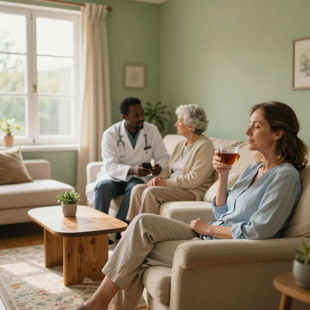 Doctor speaking with two people in a bright living room, one holding a drink, on a beige couch.