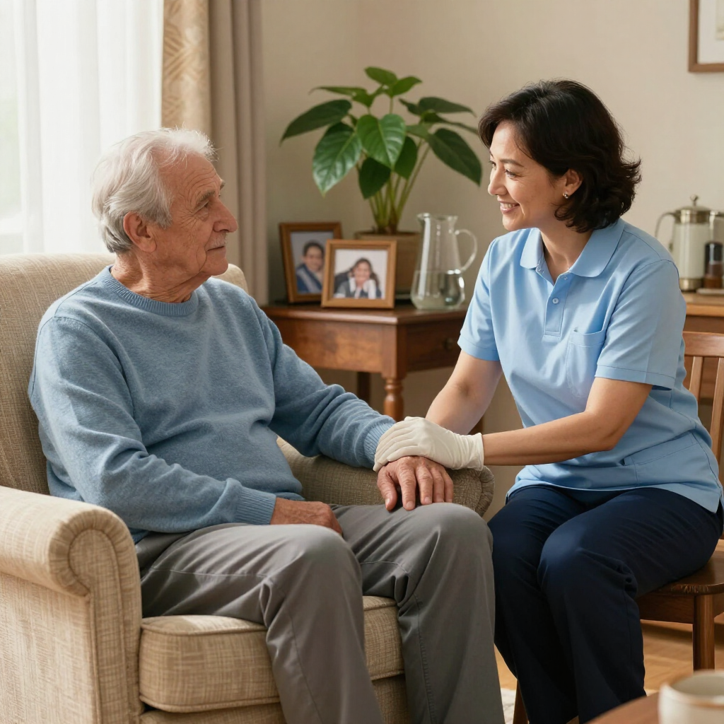 Older man and caregiver seated together, holding hands and smiling in a cozy living room