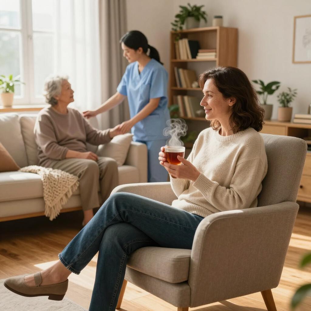 Woman seated in a beige chair holds tea while two others chat in a bright living room