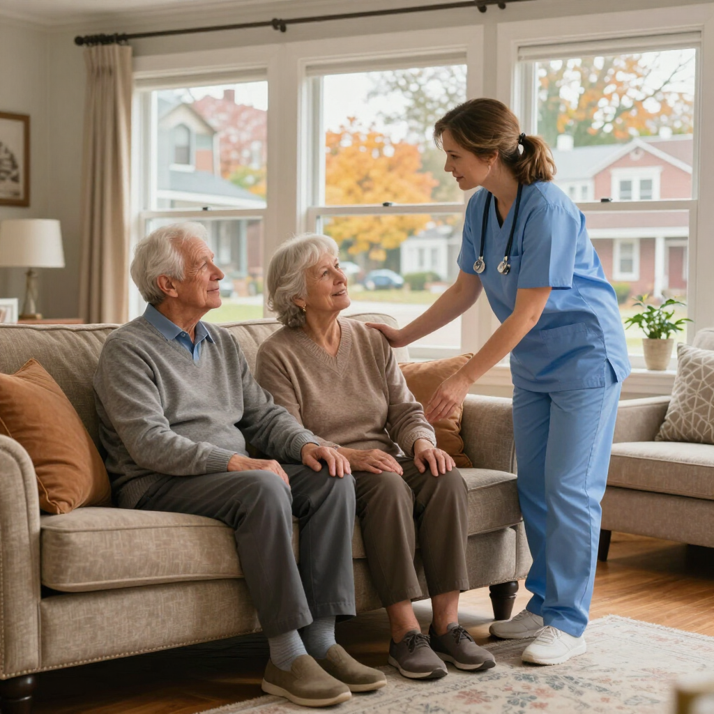 Nurse in blue scrubs greeting an elderly couple on a beige couch in a bright living room.