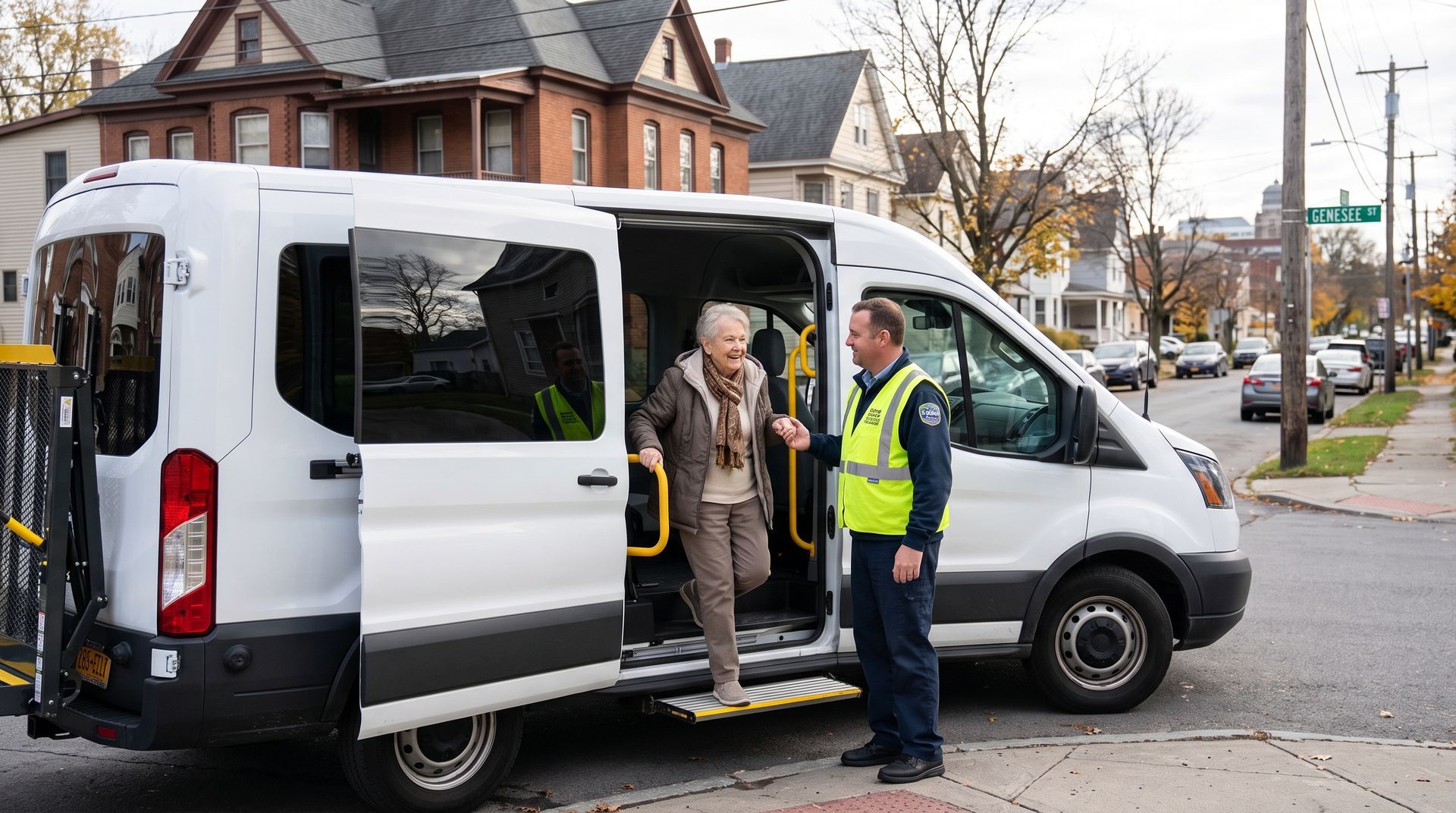 Two men and a worker in a reflective vest stand beside a white van on a city street.