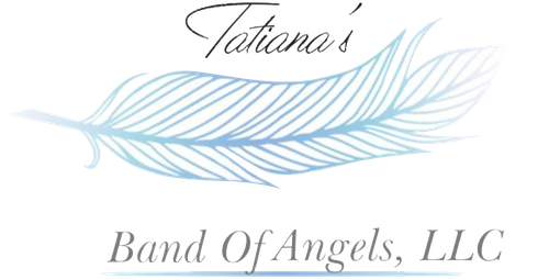 Tatiana's Band of Angels, LLC logo with a light blue feather and cursive font.