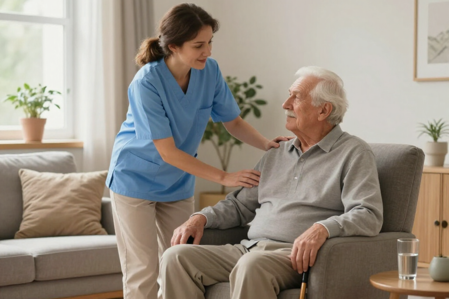 Caregiver in blue shirt speaks with an elderly man seated on a sofa in a bright living room.