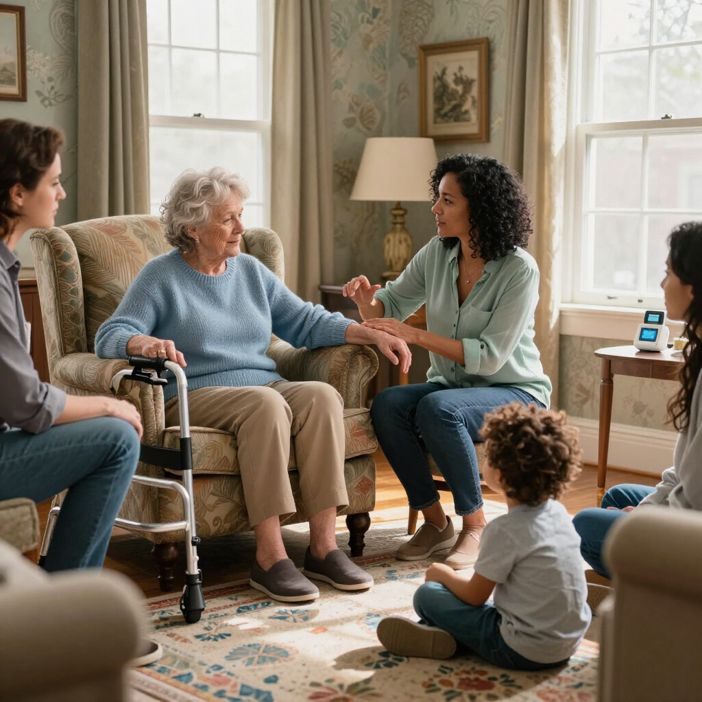 Social worker speaking with an elderly woman and family in a bright living room