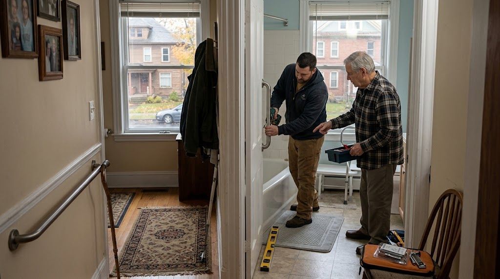 Two workers measuring a hallway floor near the front door, with tools and tape on the floor
