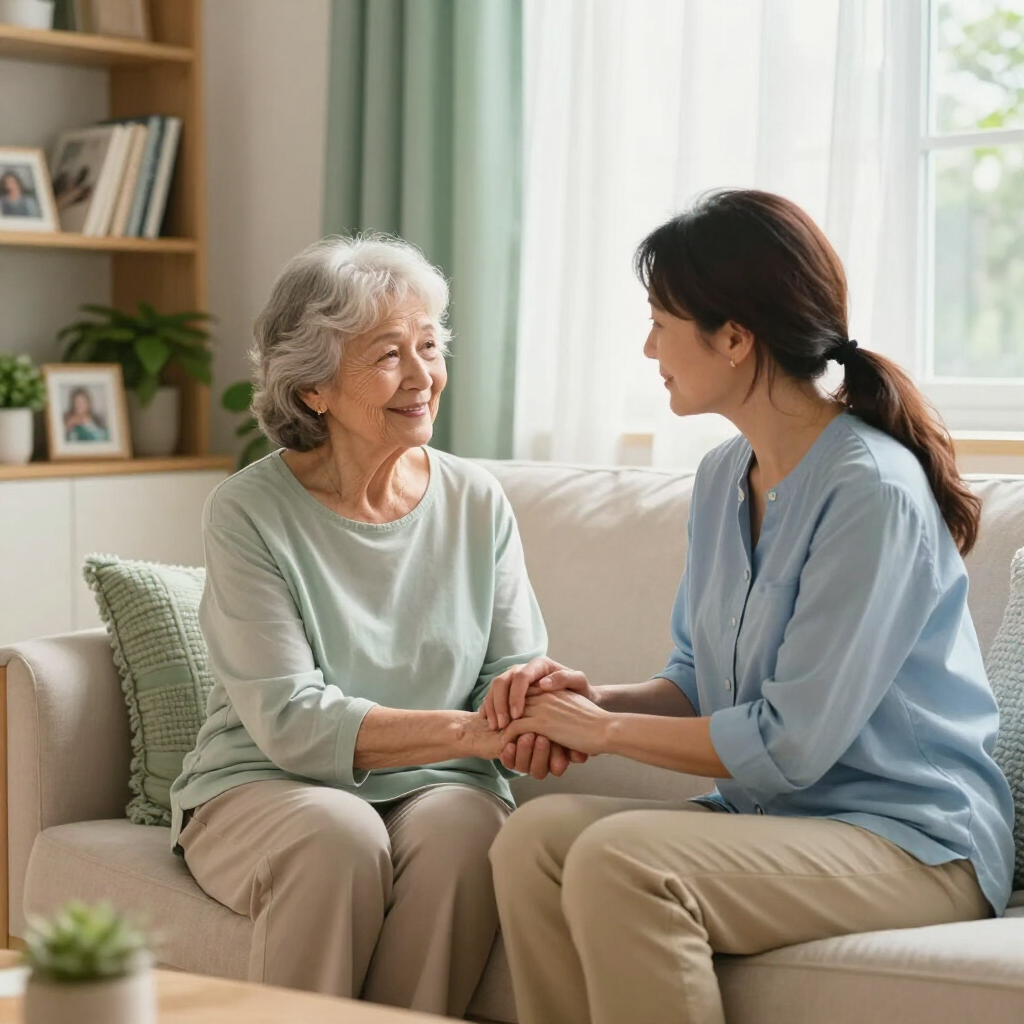 Two women seated on a couch, holding hands and smiling in a bright living room