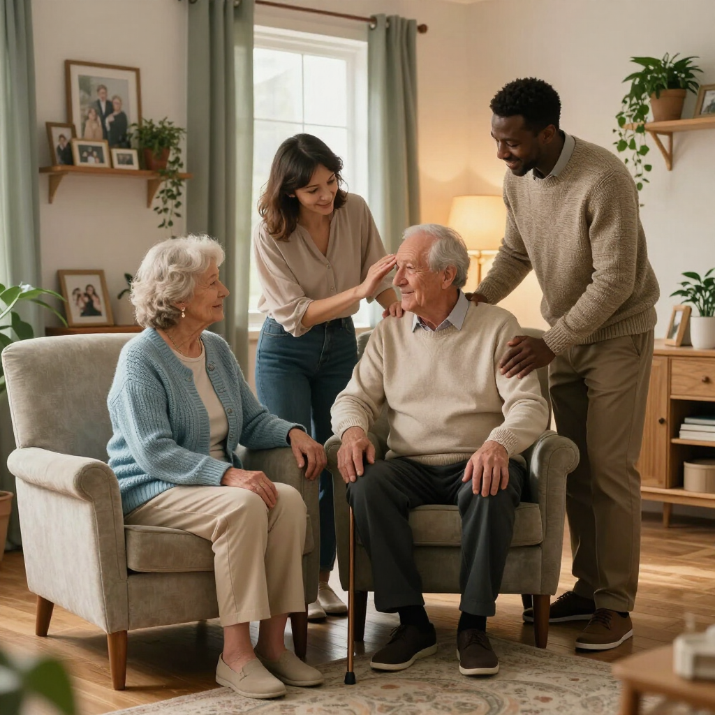 Caregivers and an older couple smiling in a cozy living room, with one woman adjusting the seated man's shoulder.