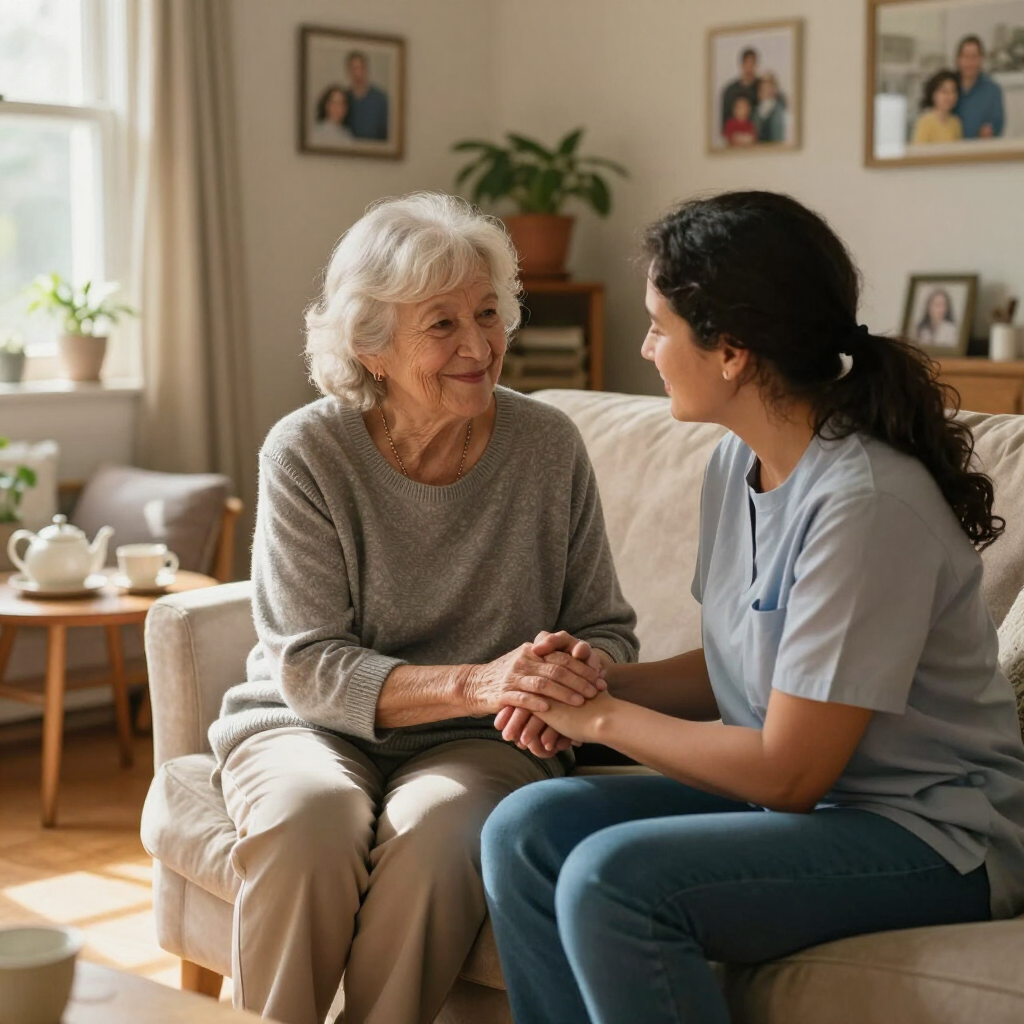 Two people sit holding hands on a couch in a bright living room, speaking gently