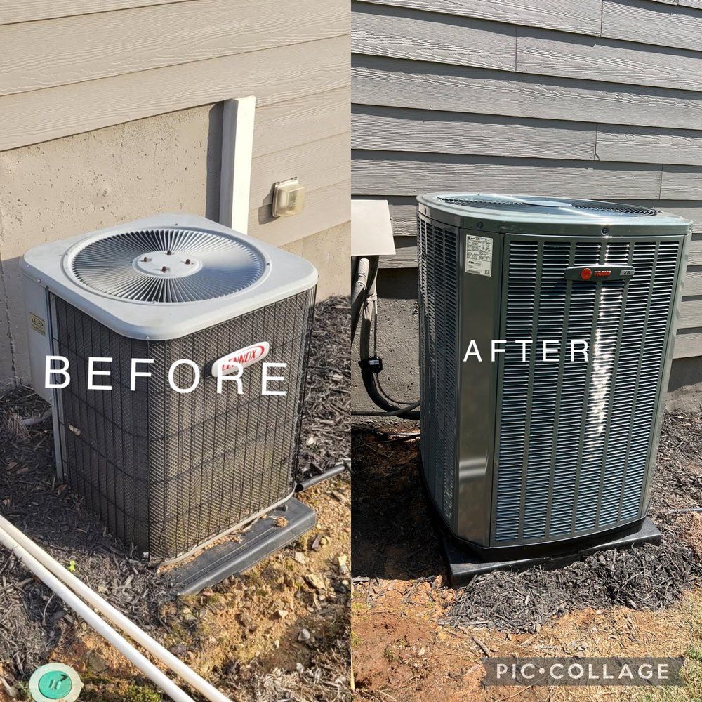 A before and after picture of an air conditioner on the side of a house.