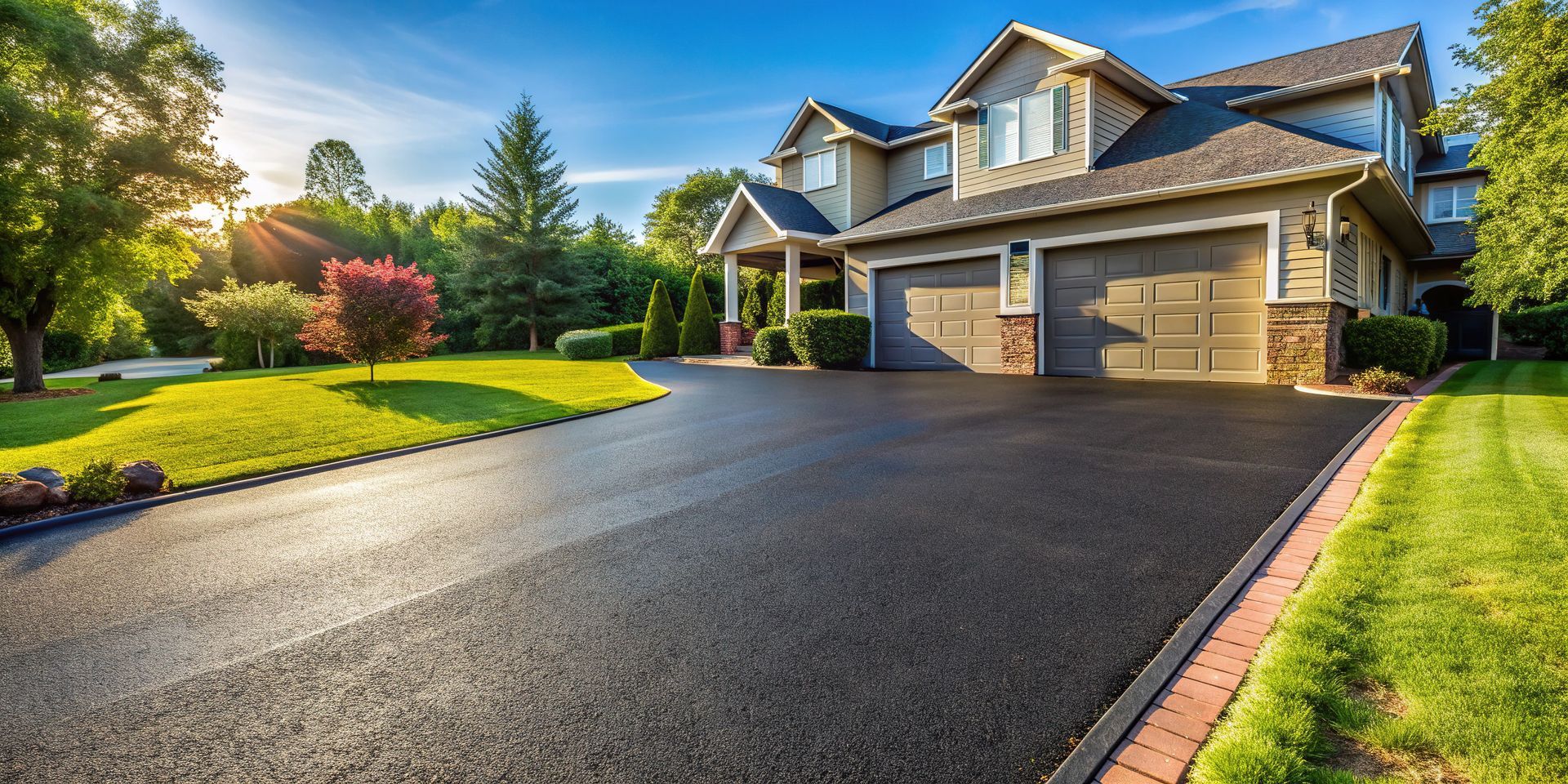 A perfectly paved asphalt driveway with a fresh layer of dark sealcoat glistens in the sunlight, sho