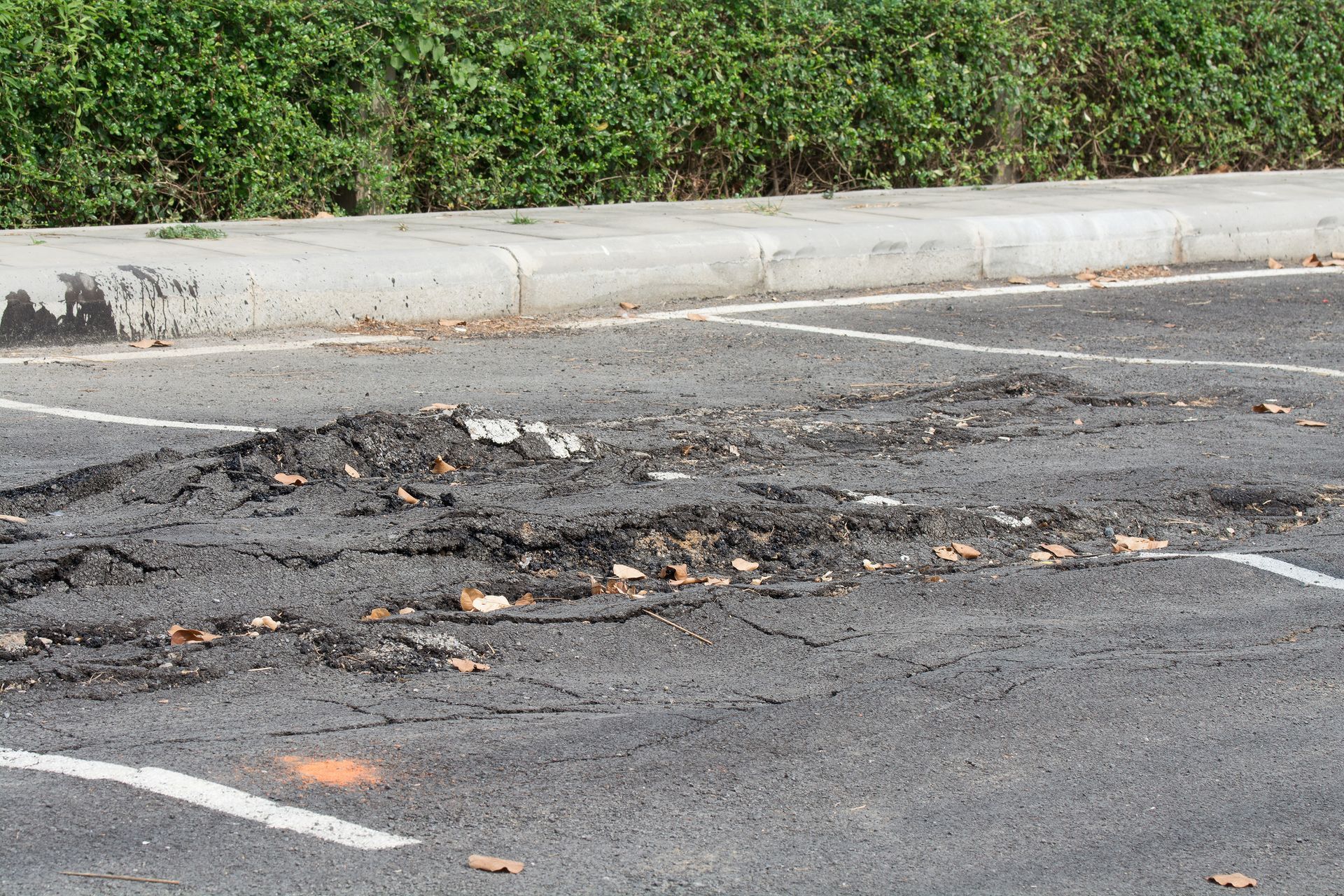 Damaged asphalt in a parking space, with a curb and green bushes in the background.