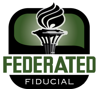 Logo of Federated Fiducial, featuring a torch with flames, green and black lettering and shapes.