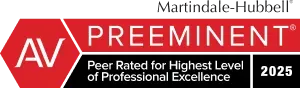 Martindale-Hubbell AV Preeminent 2025 rating badge in red, black, white and silver, with gold star seal