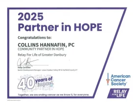 2025 Partner in Hope award plaque for Collins Hannafin, PC, with American Cancer Society Relay For Life logo