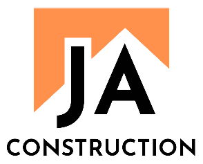 The logo for ja construction is orange and black with a roof.