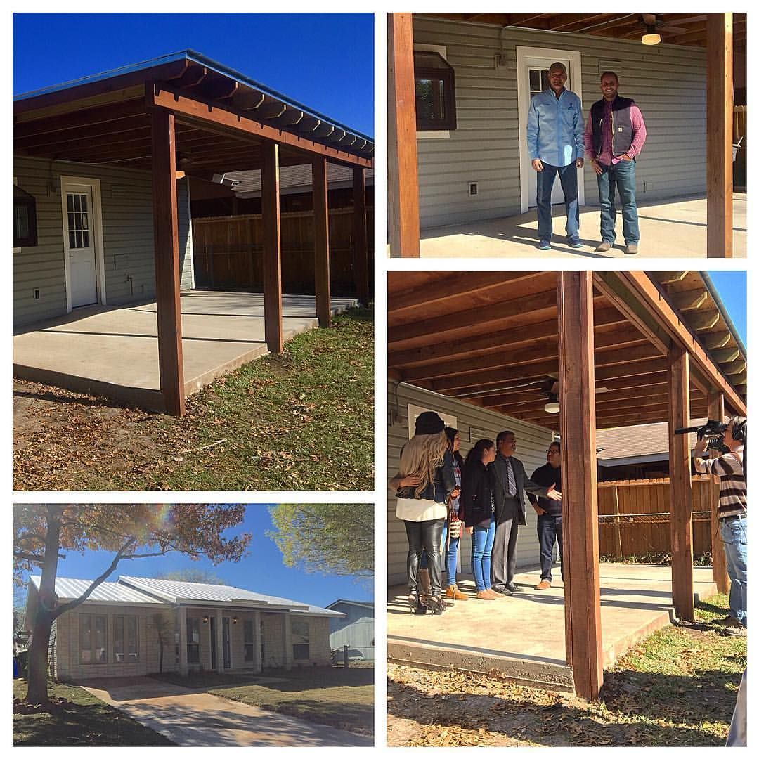 Collage of a rustic porch and cabin exterior with wooden posts and a small group standing under the roof