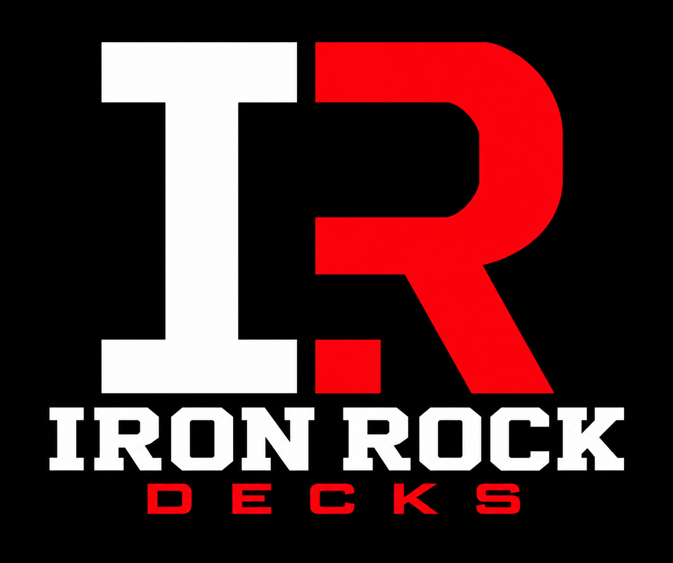 Iron Rock Decks logo with silver and red IR monogram on black background