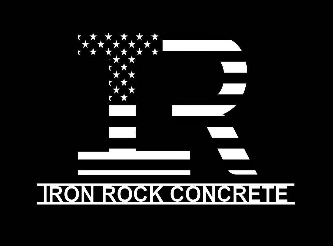 Iron Rock Concrete logo: stylized black-and-white “IR” with stars and stripes motif over company name