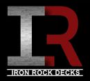 Iron Rock Decks logo with silver and red IR monogram on black background