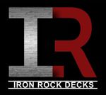 Iron Rock Decks logo with silver and red IR monogram on black background