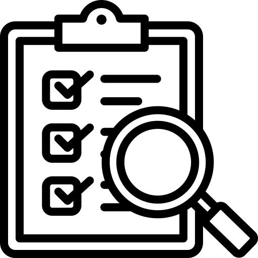 Clipboard checklist with magnifying glass, black outline icon on white background