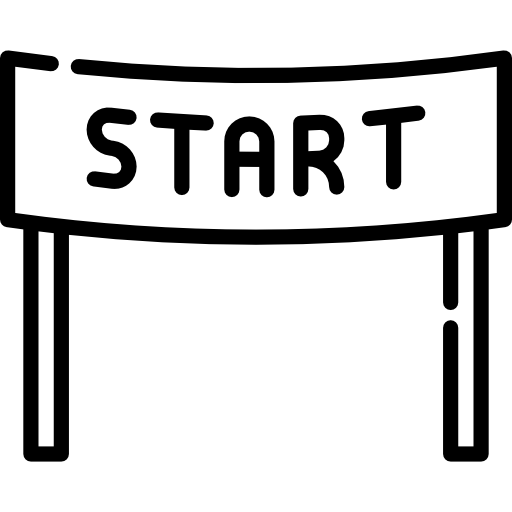 Start banner on two posts with bold black text.