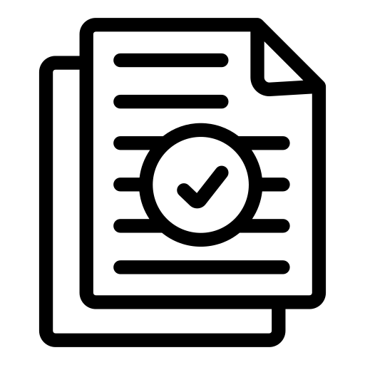Stacked document icon with a checkmark in a circle, black outline on white background