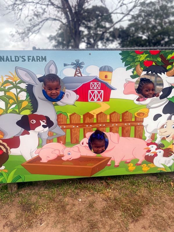 Children posing through a farm-themed cutout with pigs, barn, sheep, and cows in a sunny outdoor setting