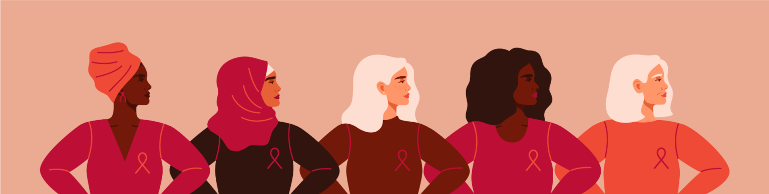 Stylized illustration of five diverse people standing side by side against a light beige background