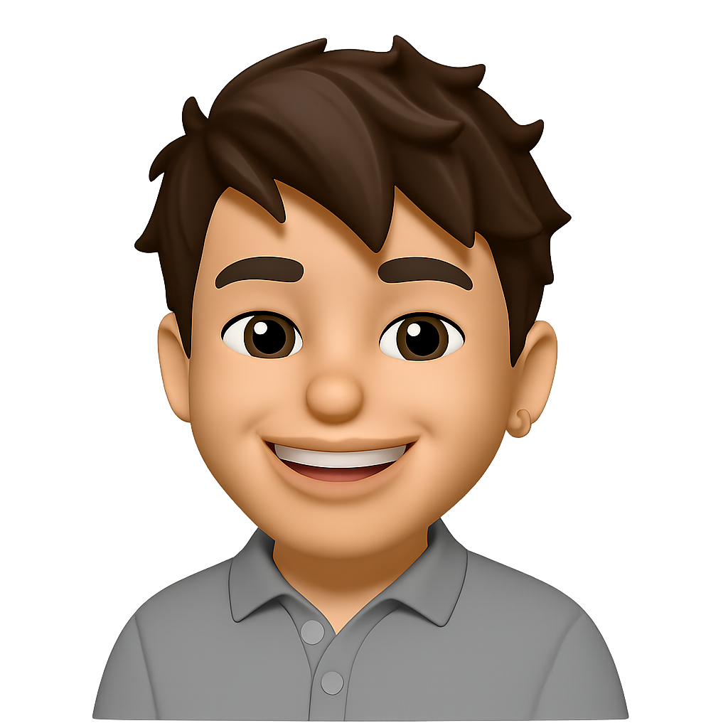 A cartoon boy with brown hair is smiling and wearing a grey shirt.