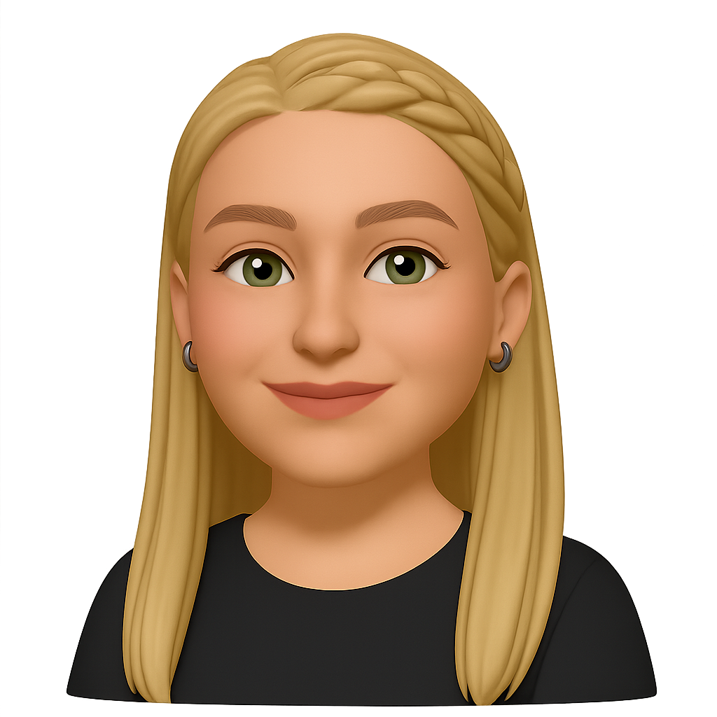 A cartoon of a woman with blonde hair and green eyes wearing a black shirt and earrings.