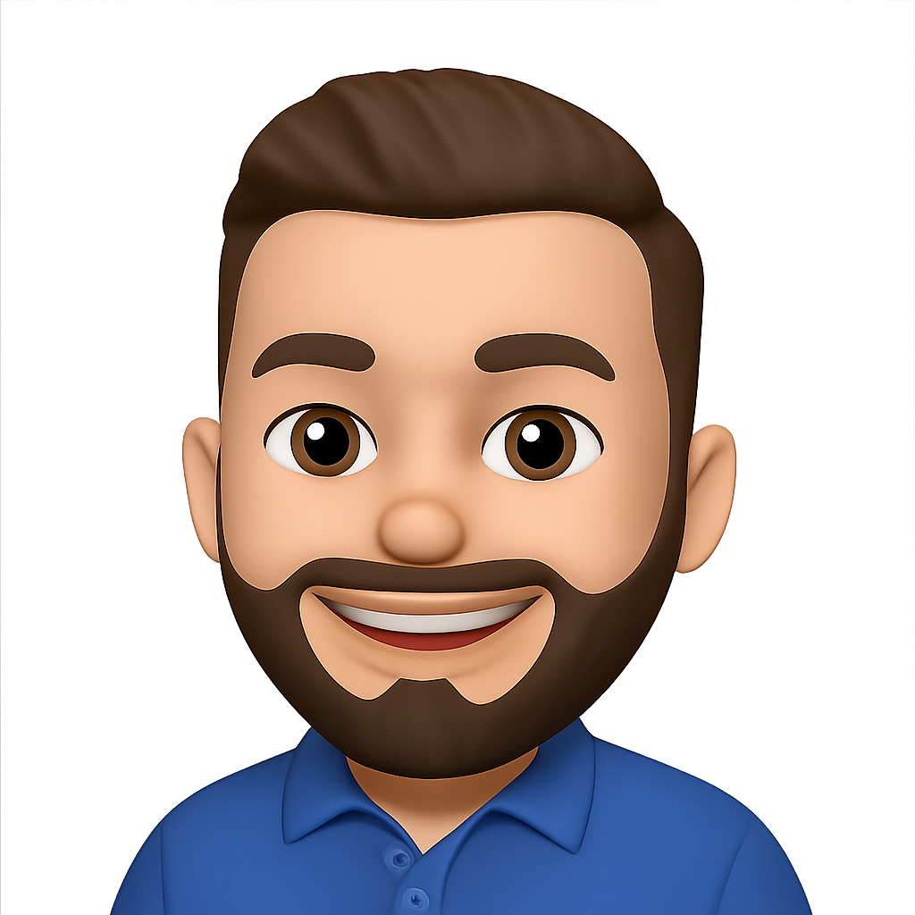 A cartoon of a man with a beard wearing a blue shirt