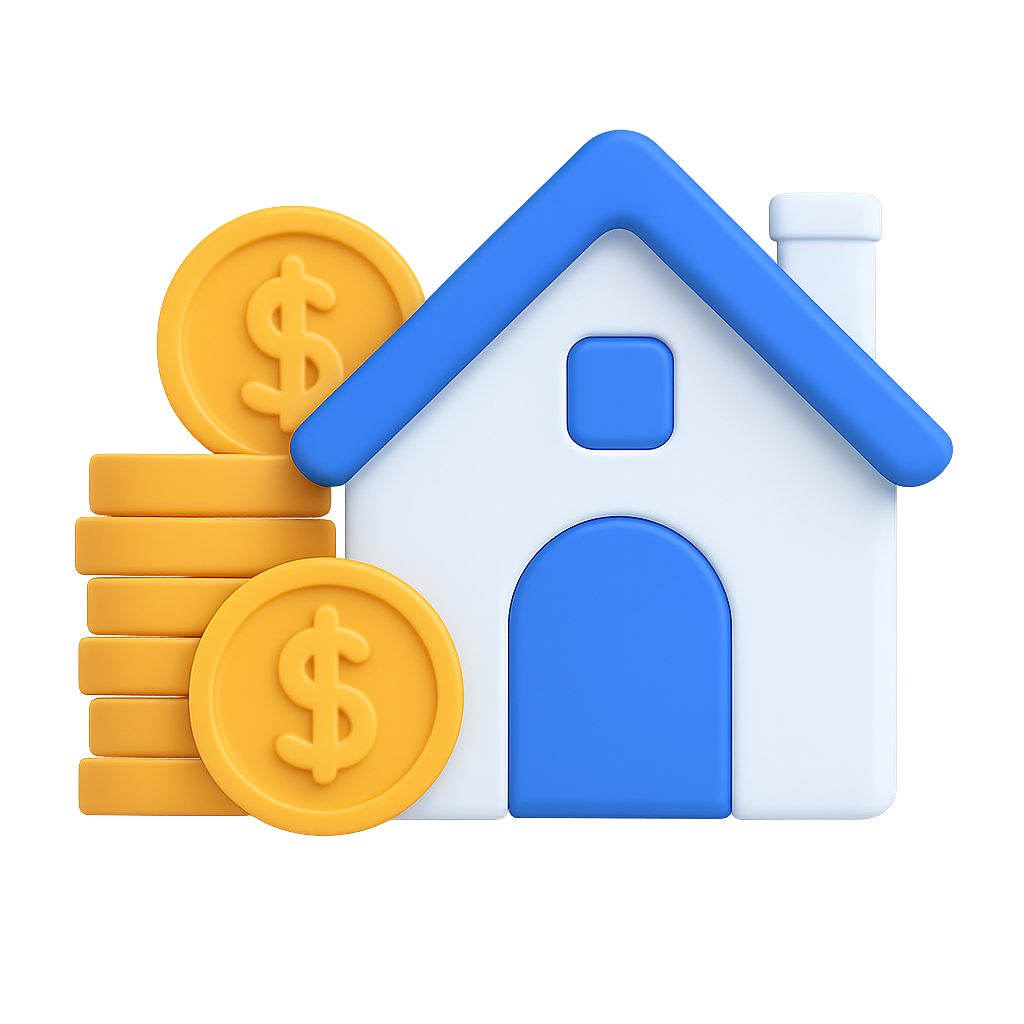A 3d illustration of a house surrounded by stacks of coins.