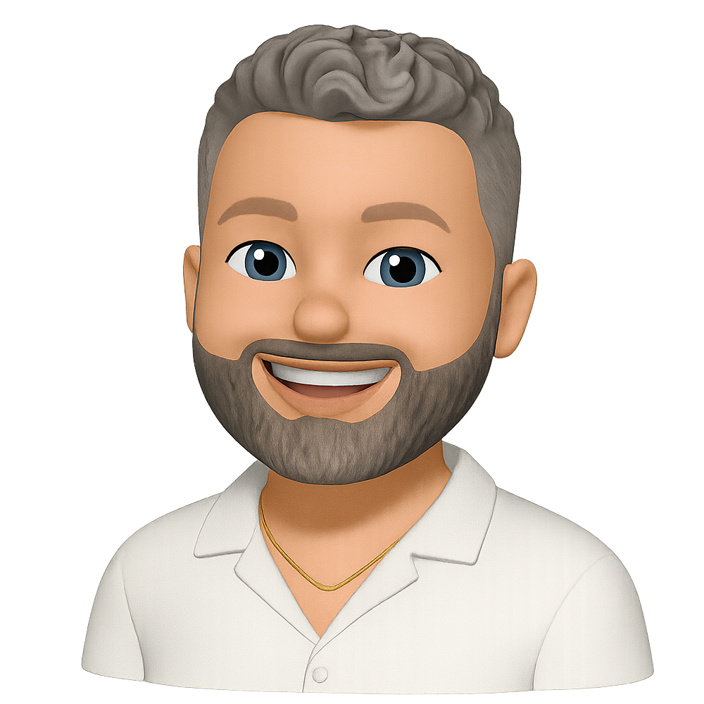 A cartoon man with a beard and a white shirt is smiling.
