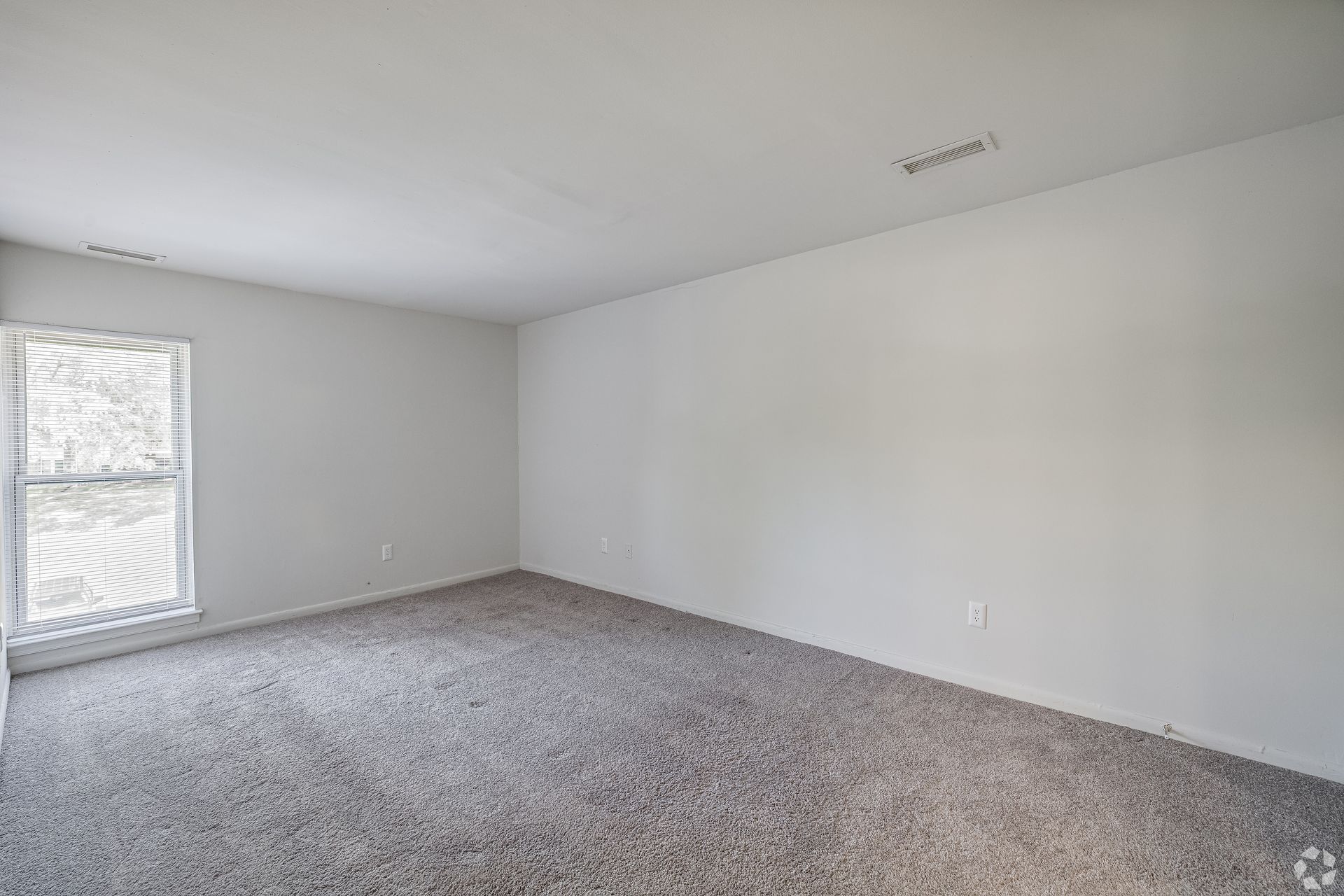 Empty carpeted bedroom with white walls and a window with blinds
