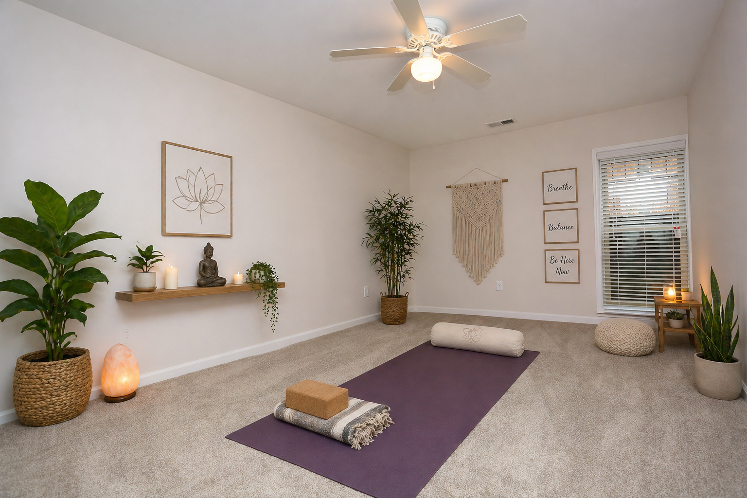 Bright yoga room with a purple mat, folded towels, potted plants, and soft white decor