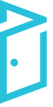 Abstract turquoise door-like icon with a triangular roof and a small circular dot on white background