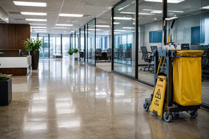 Empty office hallway with glass walls and a yellow janitorial cart on the right