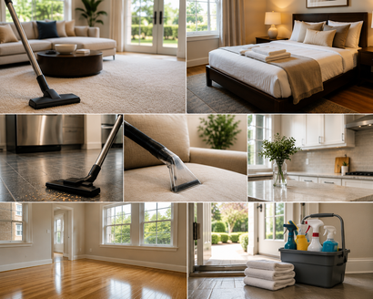 Collage of a spotless home with vacuuming, mopping, a bed, and cleaning supplies in bright rooms