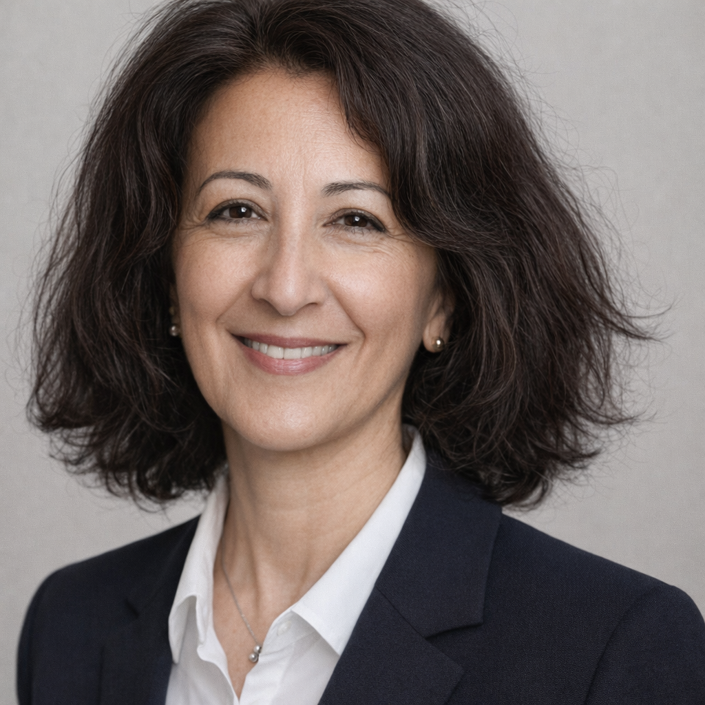 Portrait d'une femme souriante en blazer foncé et chemise blanche sur fond gris
